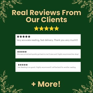 May include: A dark green graphic with the text "Real Reviews From Our Clients" and five gold stars. Below are three customer reviews with five-star ratings. The bottom of the graphic says "+ More!"