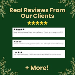 May include: A dark green graphic with the text "Real Reviews From Our Clients" and five gold stars. Below are three customer reviews with five-star ratings. The bottom of the graphic says "+ More!"