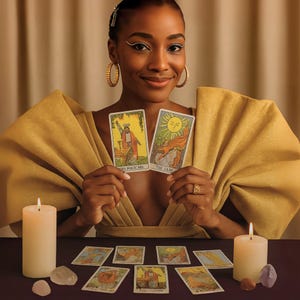 May include: A person holding two tarot cards, "The Care" and "ENA-MACK MA", with other cards laid out on a dark purple surface. Two lit candles and crystals flank the cards. The person is wearing a gold-colored dress and hoop earrings.