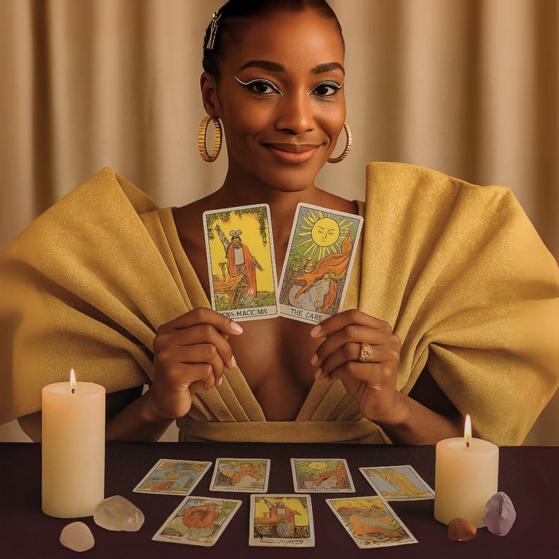 May include: A person holding two tarot cards, "The Care" and "ENA-MACK MA", with other cards laid out on a dark purple surface. Two lit candles and crystals flank the cards. The person is wearing a gold-colored dress and hoop earrings.