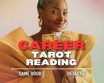 May include: A woman holding tarot cards with the text "CAREER TAROT READING." The image features a woman wearing gold hoop earrings and a yellow outfit. The text below reads "SAME HOUR" and "DETAILED."