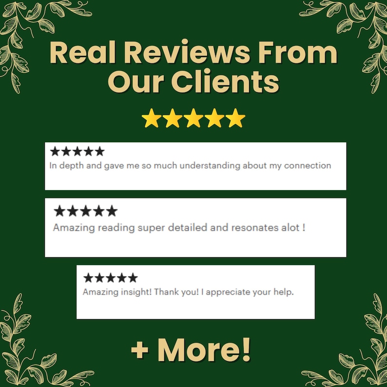 May include: Dark green graphic with the text "Real Reviews From Our Clients" and five gold stars. Below are three customer reviews with five-star ratings. The reviews are in white boxes on a dark green background. The graphic also includes the text "+ More!"