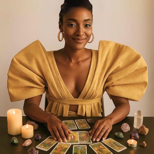 May include: A woman in a mustard-yellow dress with large, structured sleeves sits at a table. Tarot cards are laid out, surrounded by crystals and lit candles. The woman is smiling, wearing gold hoop earrings.