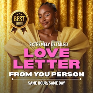 Könnte beinhalten: Eine Person in einem goldfarbenen Outfit hält Tarotkarten. Das Bild zeigt den Text "EXTREMELY DETAILED LOVE LETTER FROM YOU PERSON" und "SAME HOUR/SAME DAY". Ein "BEST SELLER"-Abzeichen befindet sich oben links.