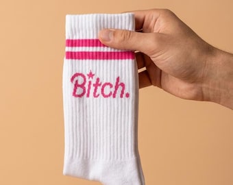 Calzini rosa "Bitch" • Calzini con slogan • Calzini divertenti per donne • Regalo di compleanno LGBTQ • Regalo per addio al nubilato • Calzini per allenamento, pilates e yoga