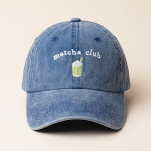 Matcha Club Blå Broderad Hatt • Matcha Latte Basebollkeps • Mjukt tvättad Vintage Bomullshatt • Matcha Lover Födelsedagspresent