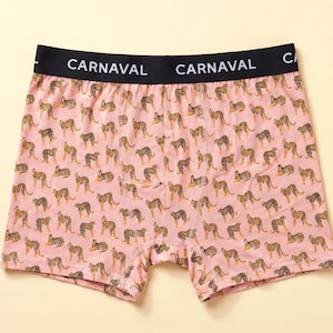 Op de afbeelding: Boxershort in een lichtroze kleur met een all-over patroon van kleine bruine en zwarte tijgers. Het kledingstuk heeft een brede zwarte elastische tailleband met het woord CARNAVAL herhaaldelijk in witte hoofdletters gedrukt.