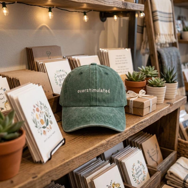 Puede incluir: Gorra de b&eacute;isbol verde con la palabra "overstimulated" bordada en blanco. La gorra se exhibe en una estanter&iacute;a de madera con tarjetas de felicitaci&oacute;n y peque&ntilde;as plantas en macetas. La gorra tiene un aspecto ligeramente descolorido.
