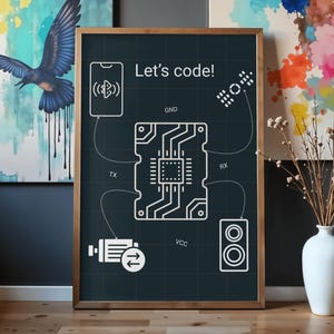 以下が含まれることがあります： 暗い青色の背景に「Let's code！」の文字が入った回路図が描かれた額入りのプリント。白い線画は、電話、リモコン、スピーカー、モーターが基板に接続されている様子を描いています。フレームは茶色です。