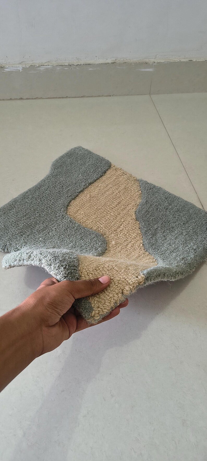Hand Tufted Irregular Wool Area Rug, Organic Shape, Sage Grey and Beige ...