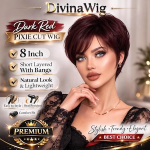 May include: A dark red pixie cut wig, 8 inches in length, with short layers and bangs. The wig is designed for a natural look and is lightweight. The image includes text that says "Divina Wig" and "Stylish Trendy Elegant".