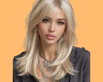 Peluca Rubia en Capas de 18 Pulgadas con Flequillo – Cabello Sintético Liso, Resistente al Calor y Natural