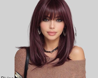 Perruque Bob Bordeaux Dégradé avec Frange Cheveux Résistants Chaleur