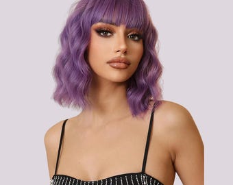Purple Bob Synthetic Heat Resistant Wig With Bangs - Etsy display picture 1