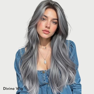 May include: A long, wavy wig with a blend of gray and silver tones. The wig features a highlighted front section and is styled with loose waves. The text "Divina Wig" is visible at the bottom left.