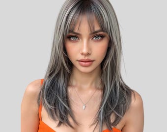 Gray Wig with Bangs – Ash-Silver Layered Shag, 18 Inch, Heat-Friendly, Natural Scalp