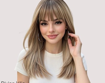 Parrucca Ombre Biondo Marrone con Frangia Capelli Medi Lisci Scalati