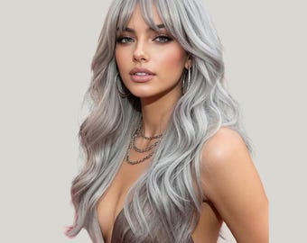 Peluca Gris Larga con Flequillo – Peluca Sintética Rizada Resistente al Calor de 20 Pulgadas para Mujer