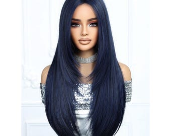 Long Navy Blue Wig: Heat-Resistant Synthetic Hair, Center Part