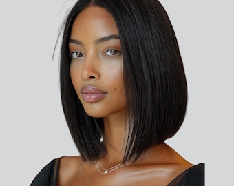 Parrucca Bob Liscia: Nero Naturale, Riga Centrale, 12 Pollici Taglio Blunt, Termoresistente