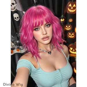 Pink wig with bangs wavy bob – hot pink shoulder-length synthetic, heat-resistant cosplay party hair