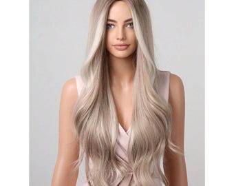 Asblonde Balayage Pruik: Lang Golvend Hittebestendig Synthetisch Haar