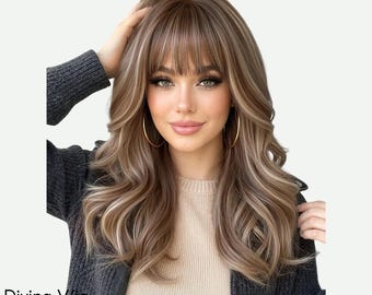 Peluca Ondulada Marrón con Mechas Rubias y Flequillo, Peluca Escalonada 18 Pulgadas