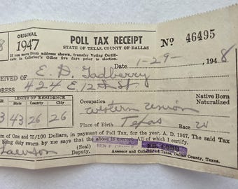 Recibo del impuesto electoral de Texas de 1947 – Condado de Dallas / Trabajador de Western Union / Objetos efímeros de la época de los derechos civiles