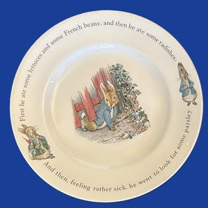 Può includere: Un piatto di ceramica bianca con illustrazioni di Peter Coniglio con una giacca blu. Il piatto ha un testo attorno al bordo che recita: "Prima mangiò un po' di lattuga e fagiolini: e poi mangiò dei ravanelli; E poi, sentendosi piuttosto male, andò a cercare un po' di prezzemolo."