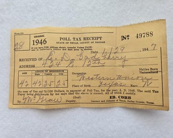 Recibo del impuesto electoral de Texas de 1946 – Condado de Dallas / Trabajador de Western Union / Objetos efímeros de la época de los derechos civiles