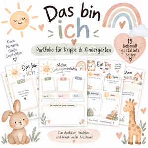 May include: A portfolio for nursery and kindergarten featuring 15 pages with illustrations of a sun, rainbow, rabbit, and giraffe. The text includes 'Das bin ich', 'Kleine Momente. Große Geschichten.', 'Meine Lieblingsmenschen', and 'Ein Tag mit mir'.