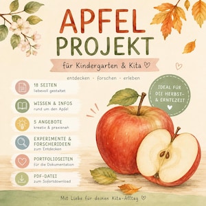 Pode incluir: Um recurso educativo digital intitulado APFEL PROJEKT com ilustrações em aguarela de uma maçã vermelha inteira e uma metade de maçã. O gráfico inclui texto, ícones e folhas de outono, detalhando 18 páginas de conteúdo, informações, atividades, experiências e páginas de documentação.
