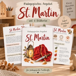 May include: A set of educational St. Martin printable cards featuring a red cloak, a lantern, and a sword. The cards include German text detailing pedagogical goals, historical background, and activity information for children, presented as a PDF download.