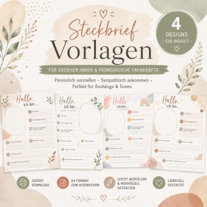 Könnte beinhalten: Vier ausdruckbare Steckbrief-Vorlagen für Erzieher:innen und pädagogische Fachkräfte mit dem Text 'Steckbrief Vorlagen' und 'Hallo, ich bin'. Jedes A4-Blatt enthält Felder für persönliche Angaben und Aufgaben, verziert mit aquarellierten botanischen Elementen.