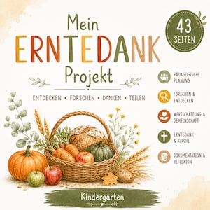 Pode incluir: Uma capa de projeto intitulada Mein ERNTEDANK Projekt com 43 SEITEN. Apresenta uma cesta trançada cheia de pão, cenouras, maçãs e uma abóbora, cercada por trigo, folhas de outono e ícones para planejamento, pesquisa e comunidade.