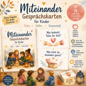 May include: A set of Miteinander Gesprächskarten für Kinder cards featuring watercolour illustrations of children with lanterns. The cards include text prompts like Was bedeutet Teilen für dich and Was teilst du besonders gerne, alongside decorative hearts, stars, and foliage elements in warm, soft tones.