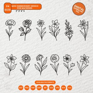 May include: A digital download file featuring mini embroidery designs of various flowers. The designs are in black line art and include a carnation, rose, daisy, and more. The size options are 2", 3", 4", and 5". The file formats available are DST, PES, PXF, EXP, JEF, XXX, VP3, SEW, and HUS.