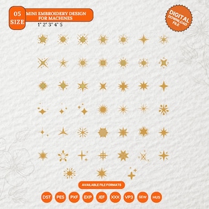 Può includere: Una collezione di ricami a forma di stella dorata in vari stili e dimensioni, da 2.5 cm a 12.7 cm. L'immagine include il testo "MINI EMBROIDERY DESIGN FOR MACHINES" e "DIGITAL DOWNLOAD FILE". Sono elencati i formati di file disponibili.