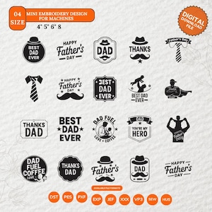 May include: A selection of black and white embroidery designs for Father's Day, featuring phrases such as "Best Dad Ever," "Happy Father's Day," and "Thanks Dad." The designs are available in sizes from 10.16cm to 20.32cm and in multiple file formats.