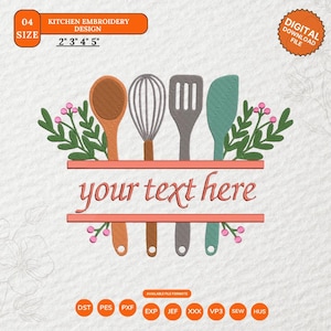 May include: A digital embroidery design featuring a wooden spoon, a wire whisk, a grey spatula, and a teal turner arranged above a horizontal frame with the text 'your text here'. Green leafy branches with pink berries flank the kitchen tools.