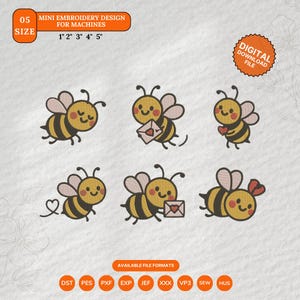 Könnte beinhalten: Mini-Stickmuster für Maschinen mit sechs Cartoon-Bienen in verschiedenen Posen. Die Bienen sind gelb und schwarz mit rosa Flügeln. Das Bild enthält den Text "05 SIZE" und "MINI EMBROIDERY DESIGN FOR MACHINES 1" 2" 3" 4" 5" und "DIGITAL DOWNLOAD FILE".