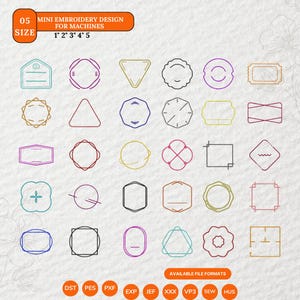 Puede incluir: Una colección de mini diseños de bordado para máquinas, con diversas formas geométricas y florales. Los diseños miden de 2,5 cm a 12,7 cm y están disponibles en varios formatos de archivo. El texto "MINI EMBROIDERY DESIGN FOR MACHINES" está incluido.
