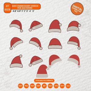 May include: A digital download file featuring a mini embroidery design of Santa hats. The hats are red with white trim and a white pom-pom. Sizes range from 0.8" to 5". Available file formats include DST, PES, PXF, EXP, JEF, XXX, VP3, SEW, and HUS.