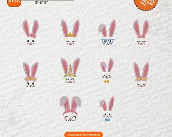Diseño de bordado de caras de conejo, aplique de orejas de conejo (descarga digital)