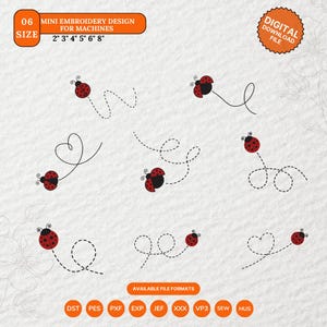 May include: Digital embroidery design featuring red and black ladybugs with dotted flight paths. The design includes various sizes from 2" to 8" and is available in multiple file formats. The image also includes the text "Mini Embroidery Design for Machines".