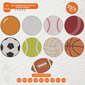 May include: A collection of mini embroidery designs featuring various sports balls, including a basketball, soccer ball, baseball, and football. The designs are available in multiple file formats and sizes ranging from 1 to 5 inches.