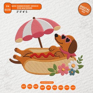 Può includere: Un disegno per ricamo raffigurante un bassotto marrone con occhiali a forma di cuore e un fazzoletto rosa, sdraiato dentro un panino per hot dog con una linea rossa ondulata. Sono inclusi un ombrellone a righe rosa e bianco e dei fiori.