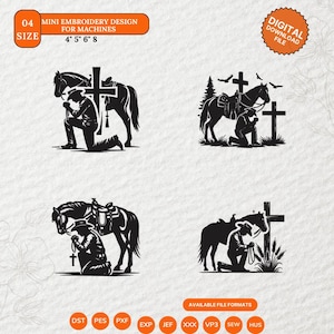 May include: Four mini embroidery designs for machines. Each design features a silhouette of a person kneeling before a cross and a horse. The designs are available in 4", 5", 6", and 8" sizes. Digital download file.