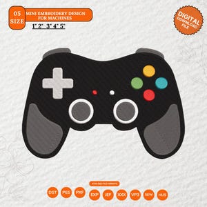 May include: A black video game controller embroidery design with a white directional pad, two gray joysticks, and four colored buttons in yellow, green, red, and blue. Text includes 05 MINI EMBROIDERY DESIGN FOR MACHINES, 1" 2" 3" 4" 5", and DIGITAL DOWNLOAD FILE.