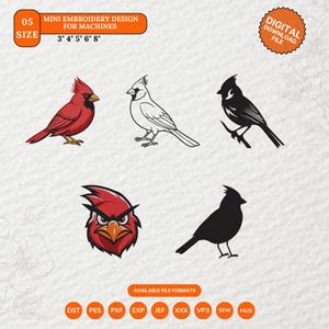 May include: Mini embroidery designs for machines featuring various bird illustrations, including a red cardinal, a black silhouette, and a bird head. The designs are available in multiple file formats and sizes ranging from 3" to 8".